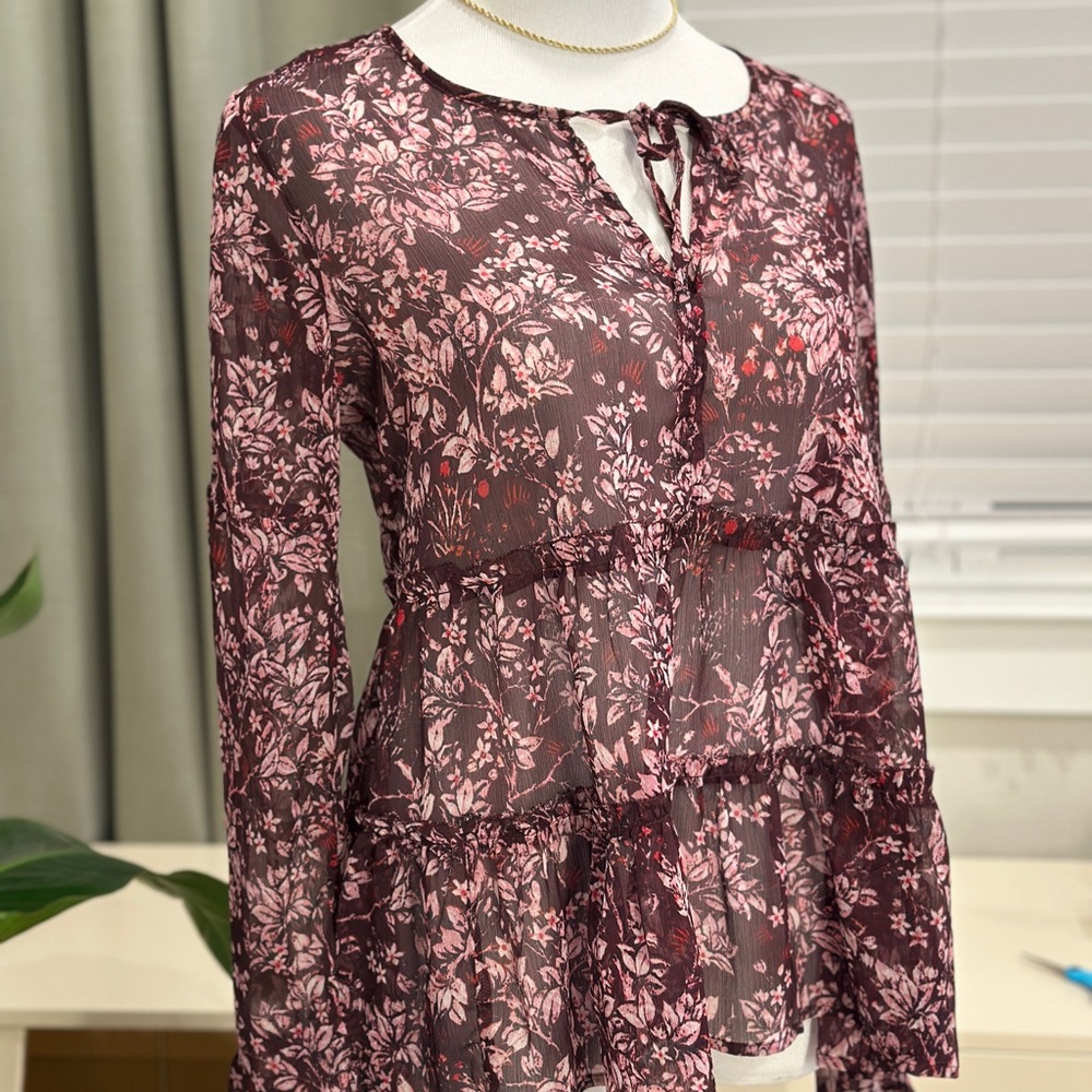 Lucky Brand Burgundy Floral Sheer Blouse